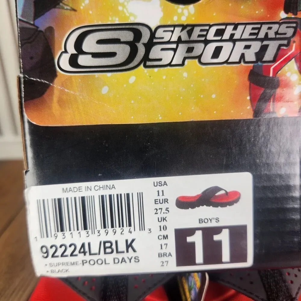 Skechers Supreme Pool Days 92224L Boys Size 11 Black Red Beach Flip Flop Sandals